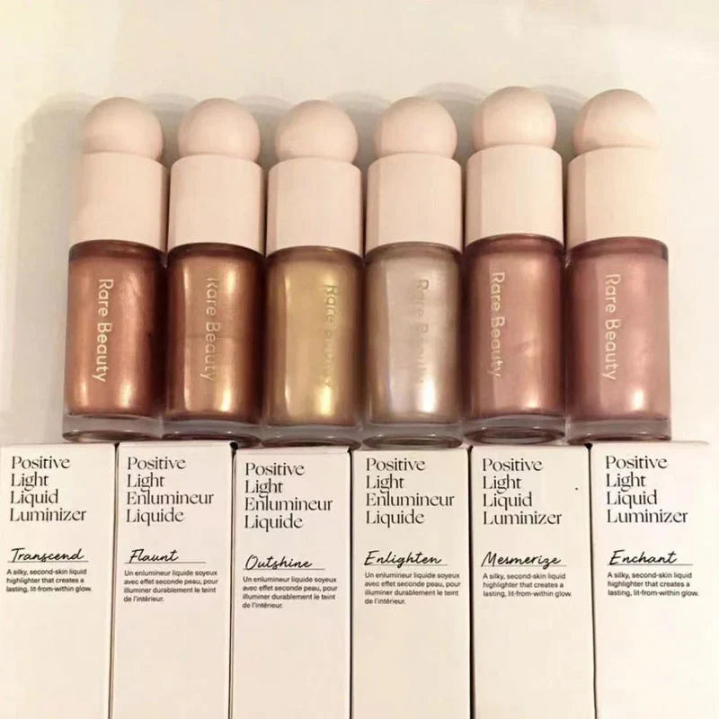 Blushimmer Rare Beauty Positive Light Liquid Contour and Highlight makeup with luminous liquid blush and face shimmer.