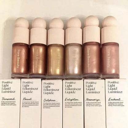 Blushimmer Rare Beauty Positive Light Liquid Contour and Highlight makeup with luminous liquid blush and face shimmer.