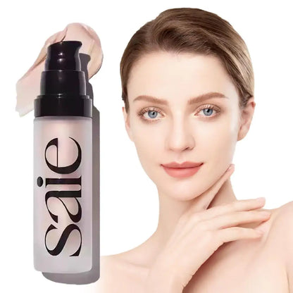 Blushimmer Saie highlighter and liquid blusher gel with a glossy, luminous finish, enhancing cheeks with brightening, watery glow.