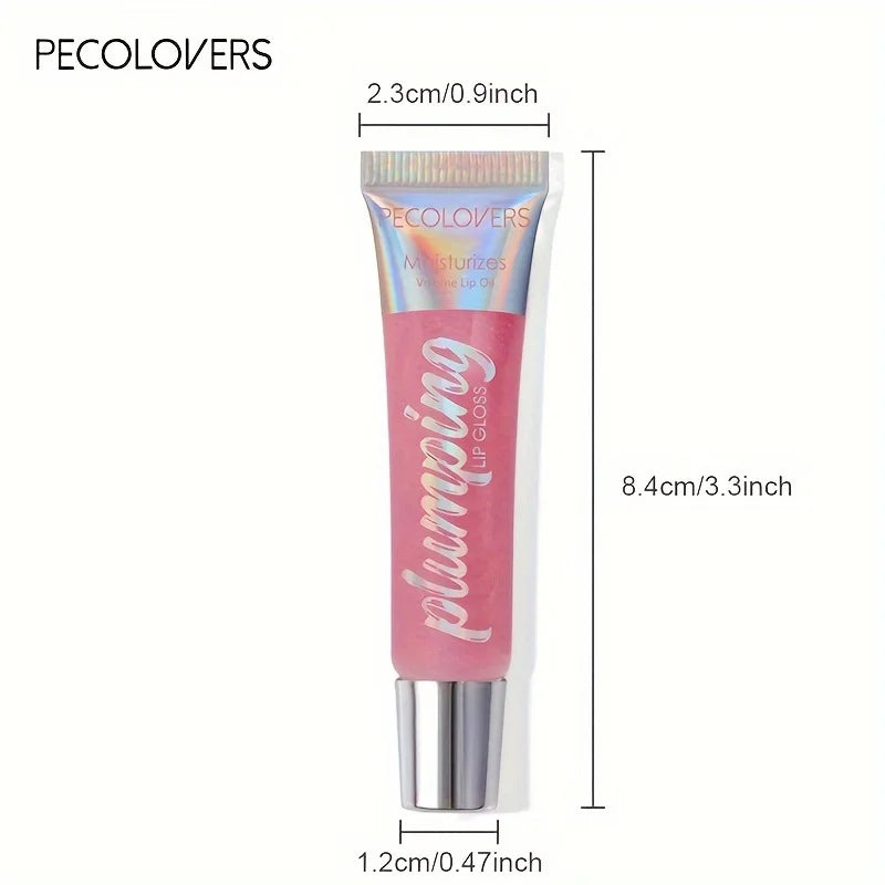Blushimmer glitter lip gloss tube with moisturizing fruit lip oil for shiny, full lips and soft makeup finish.