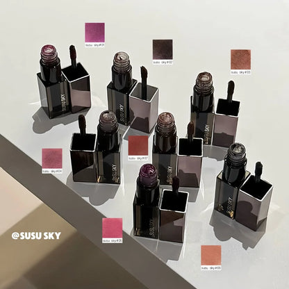 Gothic gray and purple lipstick and lip gloss by Blushimmer, featuring long-lasting, waterproof matte lip mousse in black and brown tones.