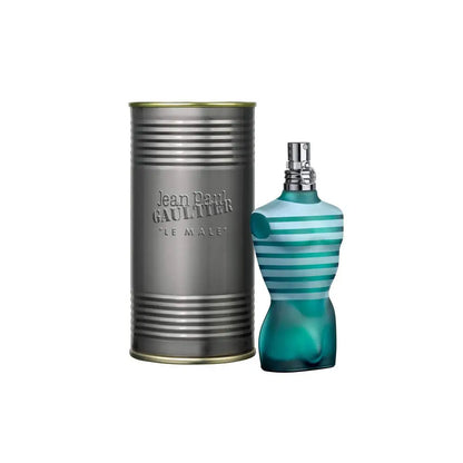 Jean Paul Gaultier Le Male men's EDT spray bottle with light fragrance, 4.2 oz, shown in a clear packaging.