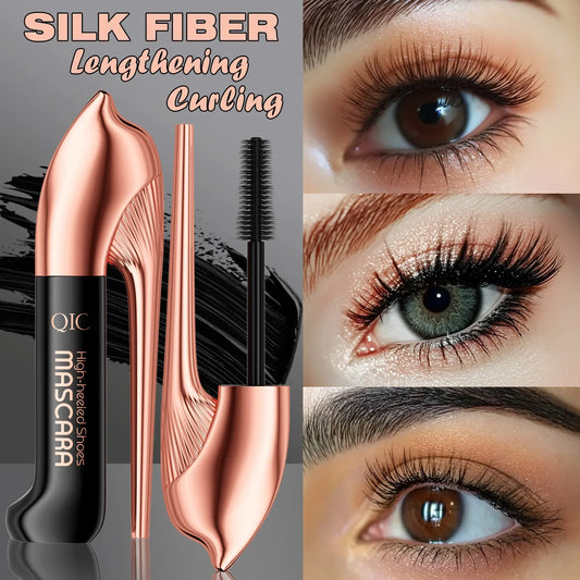 Blushimmer QIC high-heeled shoes and 3D fiber waterproof black mascara displayed on a neutral background.