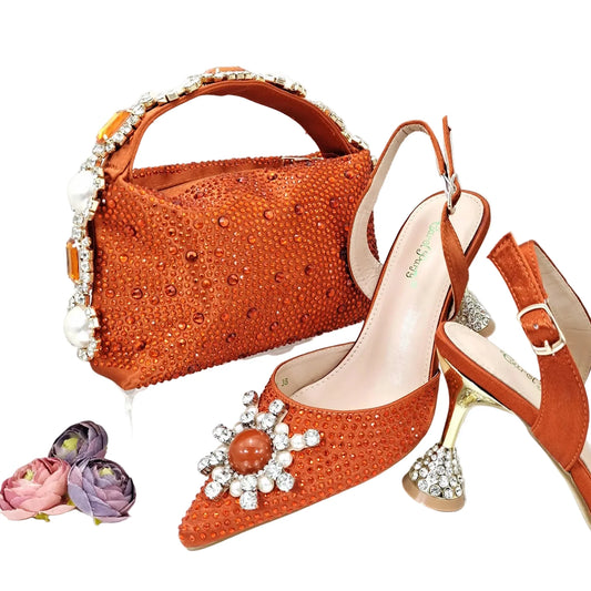 Elegant women's shoes and matching bag set by EdleessFashion with shining crystal accents, perfect for special occasions.