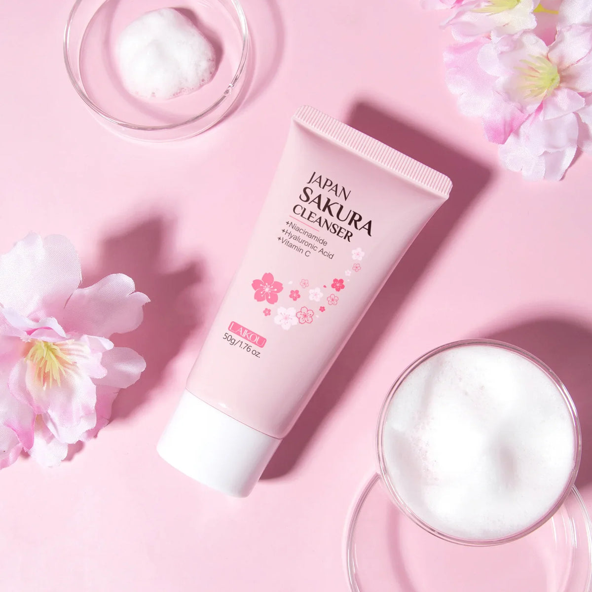Blushimmer Laikou Sakura Facial Cleanser with gentle formula, deep cleanses pores, controls oil, brightens, and moisturizes skin.