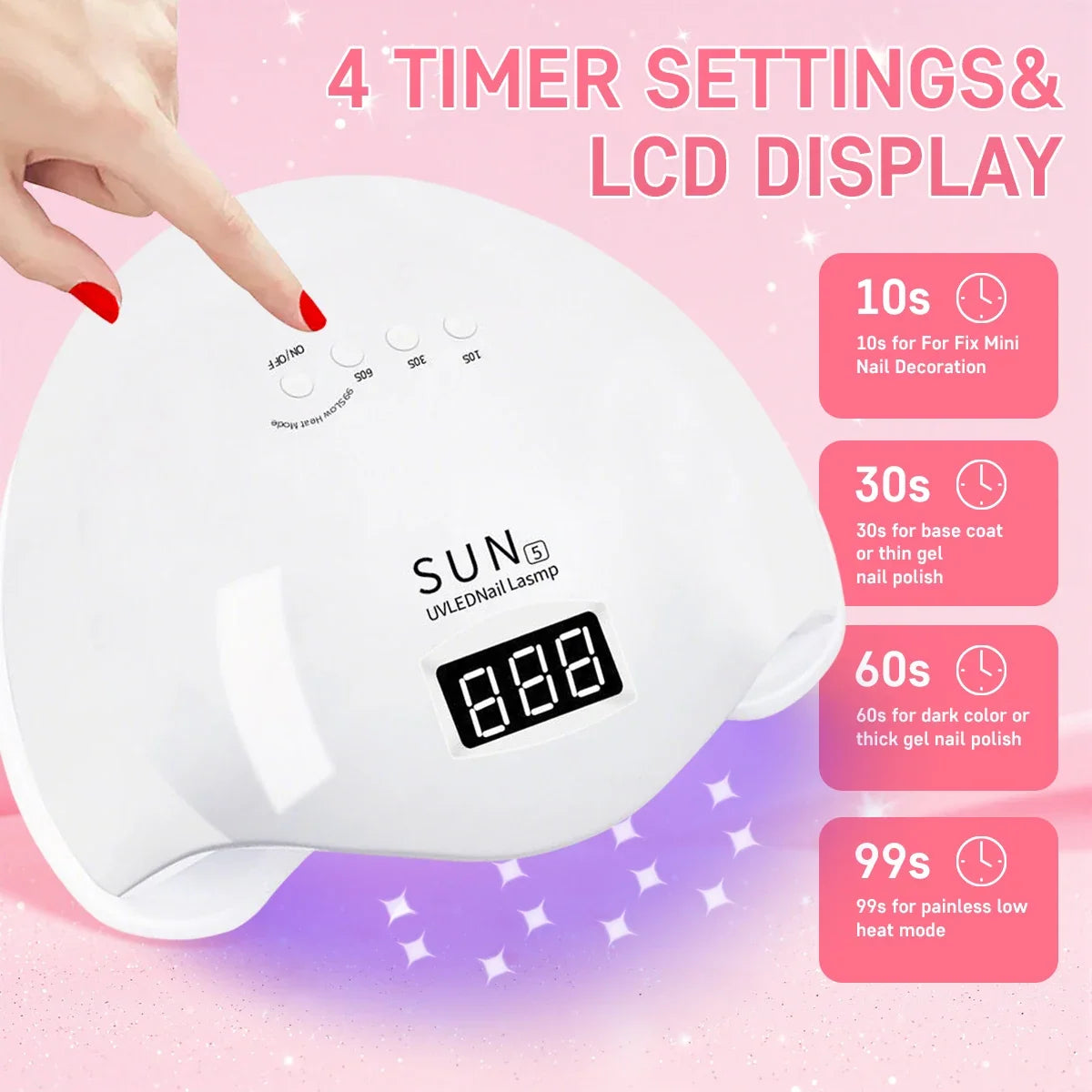 Blushimmer SUN5 UV LED Nail Lamp with LCD display, 48W gel nail dryer, automatic sensor, and four timer settings for professional nails.