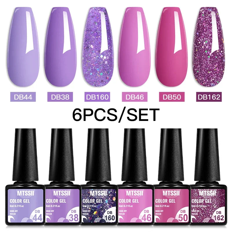 Blushimmer MTSSII 6-piece set of sparkly red gel nail polishes with shiny finish, perfect for gel nails and nail art.