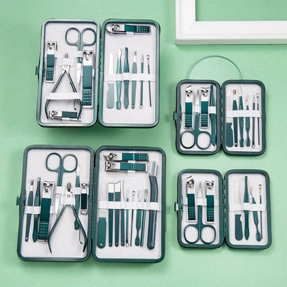 Green 6-18 Pcs Manicure Set With Leather Case Professional Foot And Face Care Tool Kits Stainless Steel Nail Clipper Sets Gift