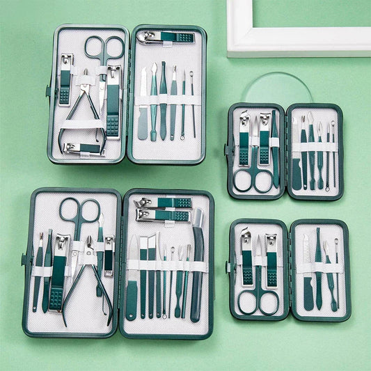 Green manicure set with leather case from Blushimmer, includes stainless steel nail clippers and foot, face care tools.