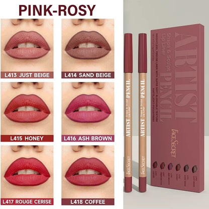 Set of 6 Blushimmer Face Secret Lip Liner Pencils in mixed brown shades, ultra-fine, waterproof, matte velvet finish.