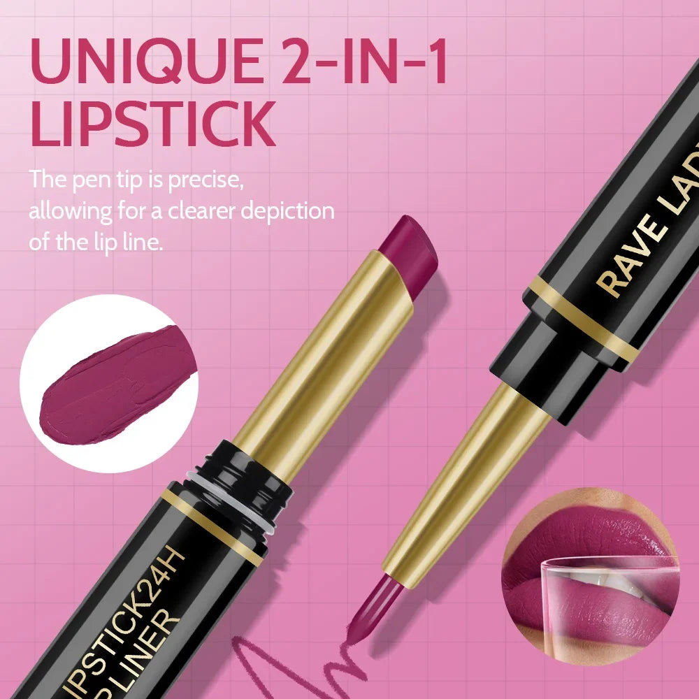 Blushimmer Rave Lady 2-in-1 matte lipstick and lipliner pencil in sexy red, waterproof, long-lasting lip makeup with six color options.