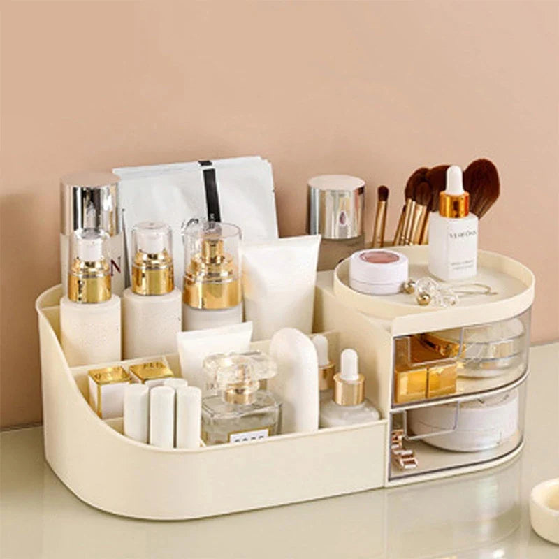 Blushimmer cosmetic storage box with drawer for lipstick, brushes, and skincare products on a countertop organizer.