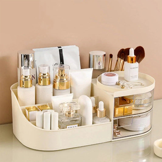Blushimmer cosmetic storage box with drawer for lipstick, brushes, and skincare products on a countertop organizer.