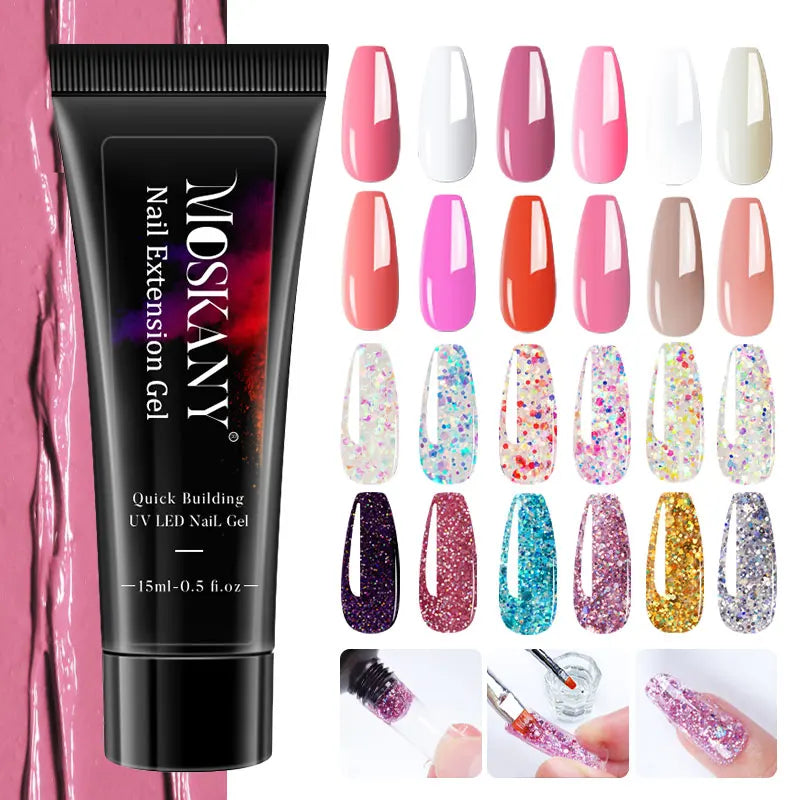 Blushimmer poly nail gel full set with 6W LED lamp, nail tips, 3D design decor, extension tools for beginner manicure.