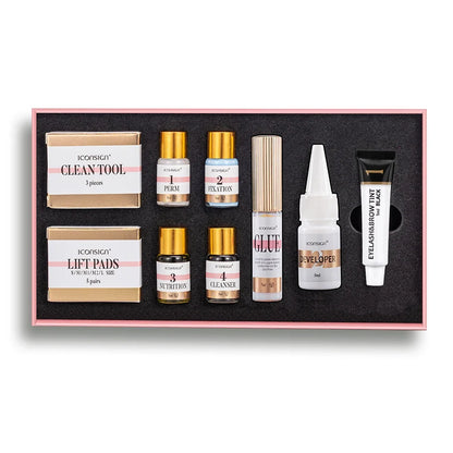 Blushimmer ICONSIGN Lash Lift and Tint Kit with eyelash perm and brow dye products on a white background.
