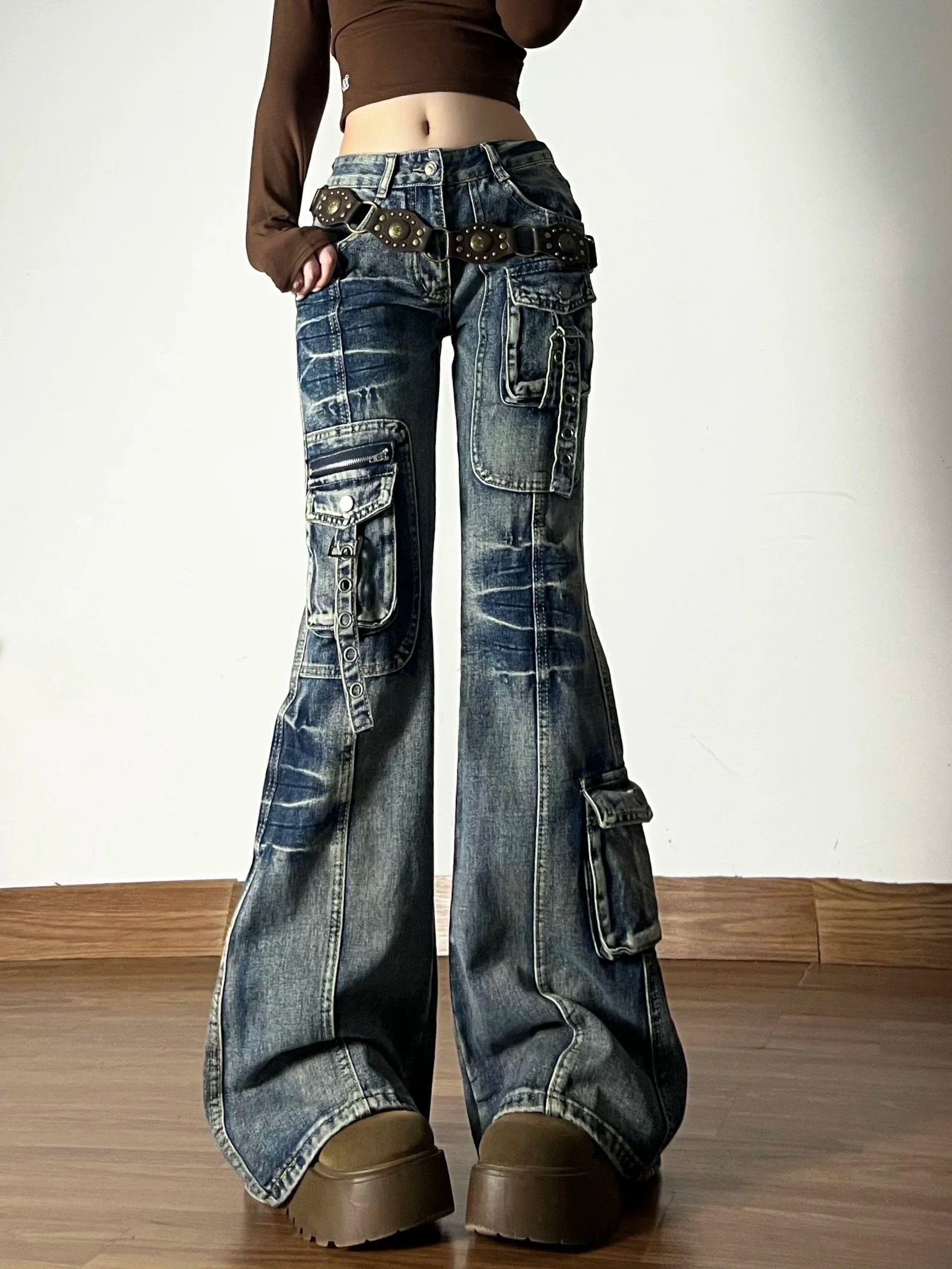 American Vintage Street Style Y2K Jeans Women's High-street Multi-pocket Cargo Flared Floor-grazing Jeans Casual Punk Long Pants