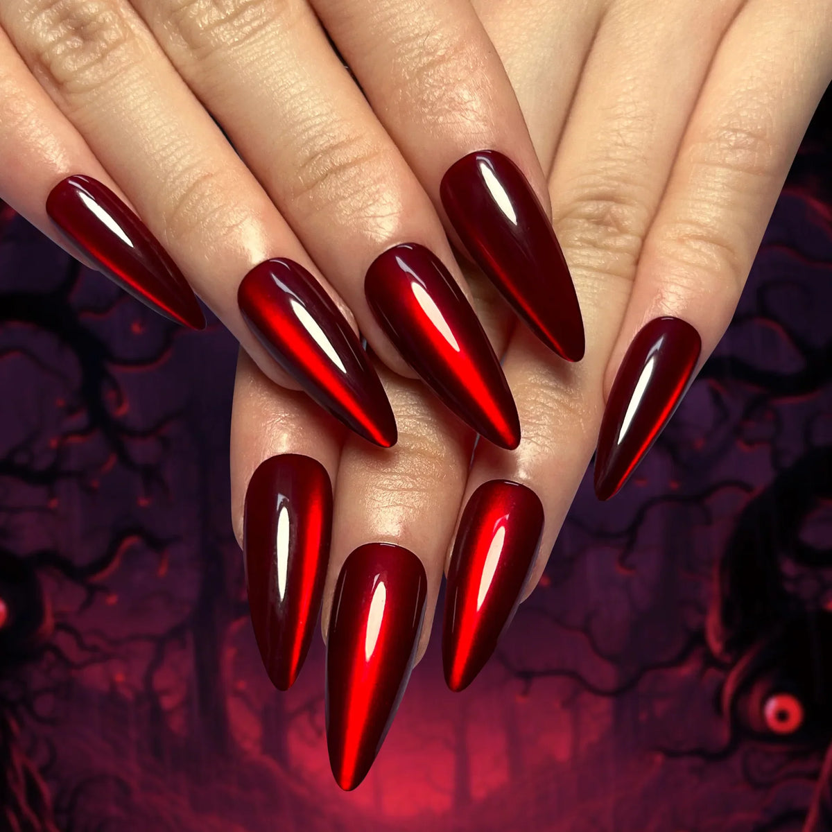 24pcs glossy red cat's eye press on nails by Blushimmer, nude almond-shaped false nails with charms, full cover, detachable.