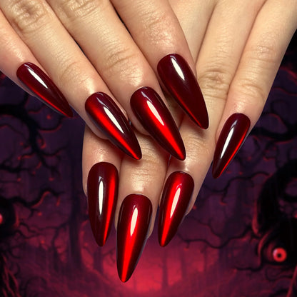 24pcs glossy red cat's eye press on nails by Blushimmer, nude almond-shaped false nails with charms, full cover, detachable.
