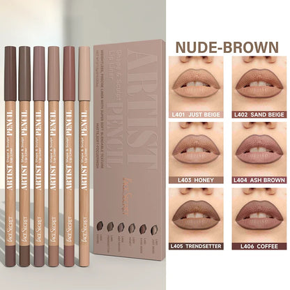 Six-piece Blushimmer Face Secret Lip Liner Pencil set featuring ultra-fine, waterproof, matte velvet lip liners in mixed brown shades.