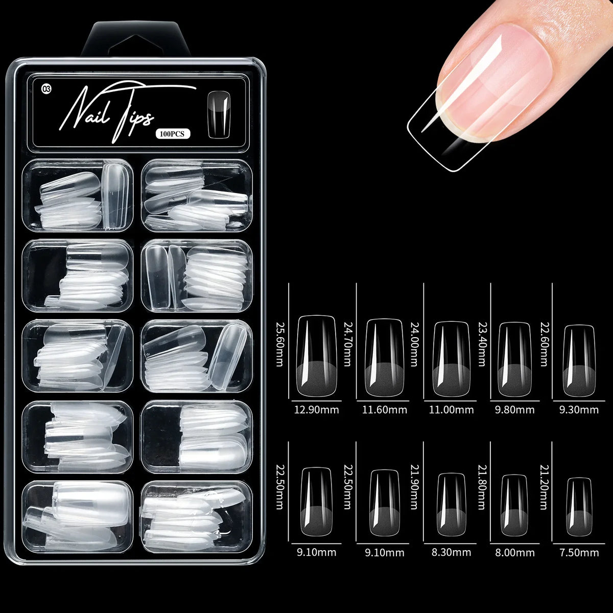 Set of 100/600 short almond-shaped gel nail tips by Blushimmer, full cover false nails for acrylic or press-on manicures.