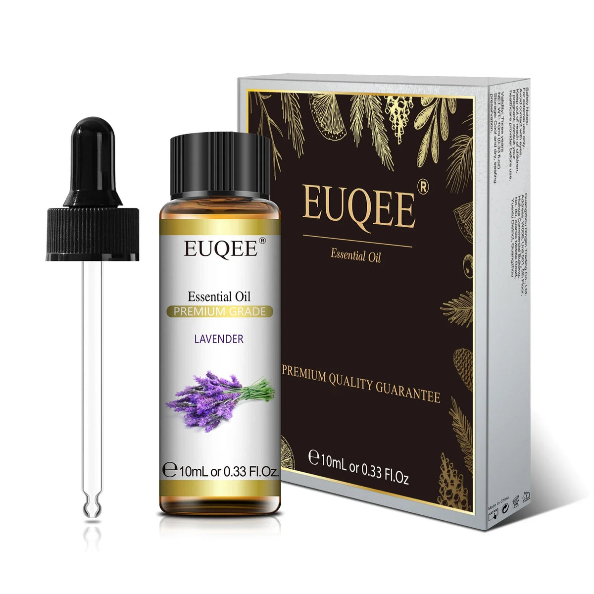 EUQEE 10ml natural essential oil set featuring lavender, jasmine, eucalyptus, vanilla, sandalwood, sweet orange, lemon, oregano, and neroli.