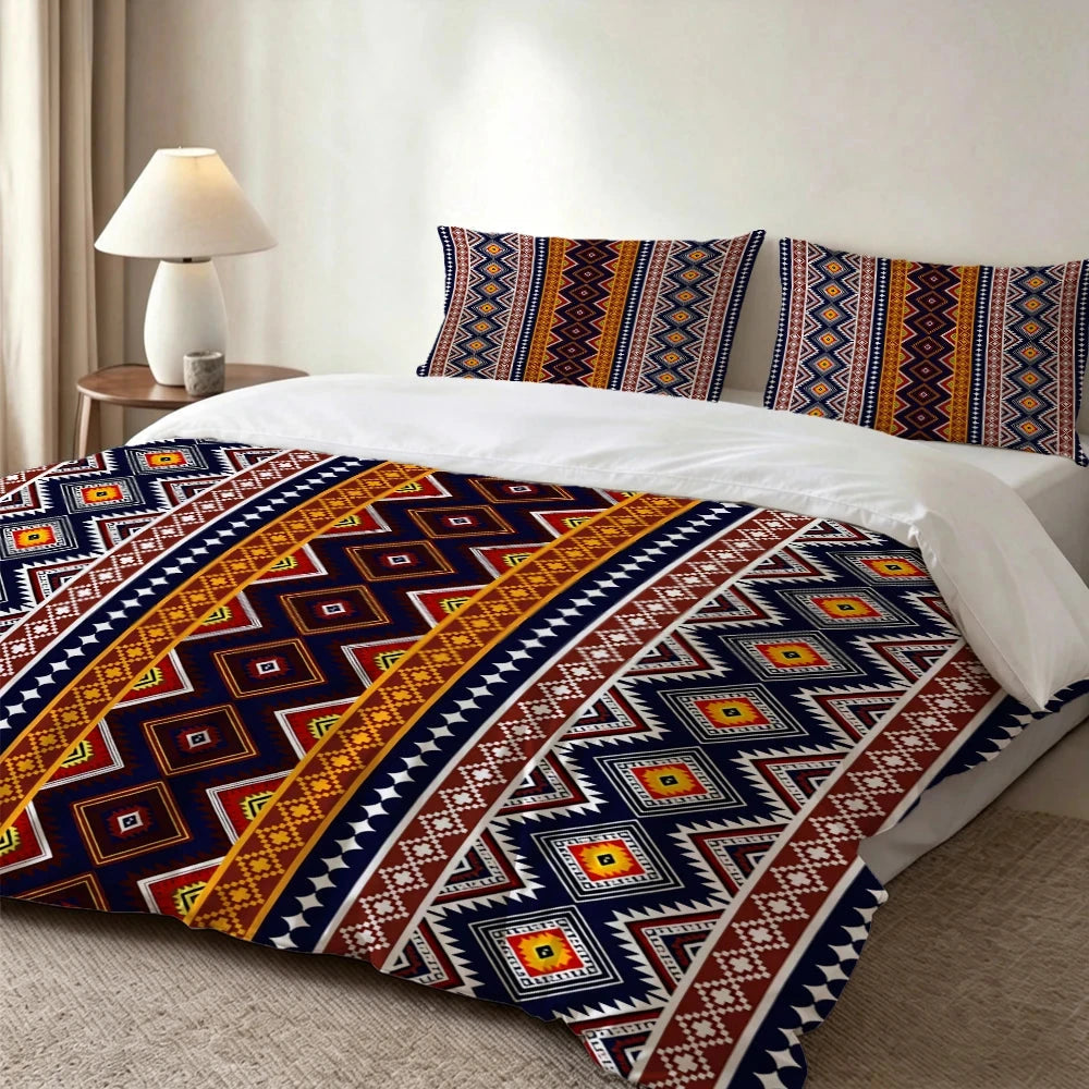 High-definition digital printed bedding set with ethnic geometric and floral patterns, includes duvet cover and pillowcases.