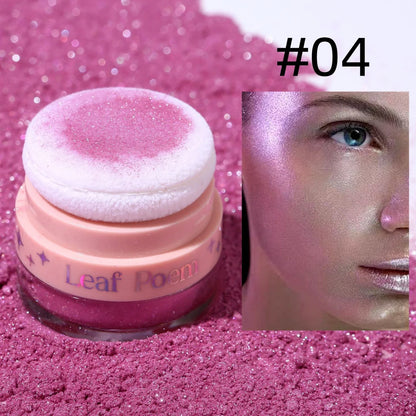 Blushimmer pearlescent glitter powder for hair, face, and body, ideal for highlighting and blush at music festivals.