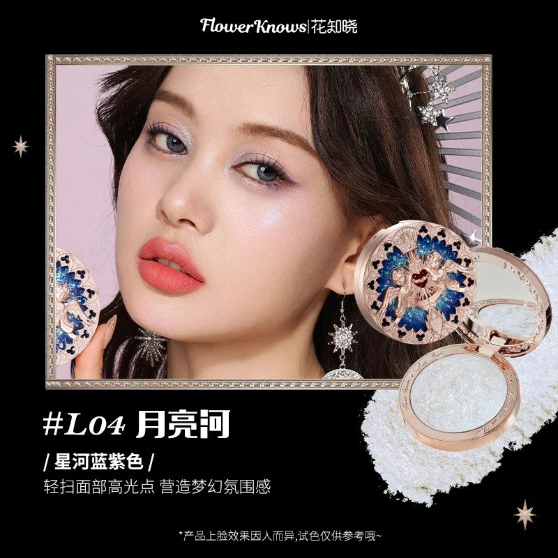 Blushimmer The Flower Knows Little Angel Collection face powder palette with highlighter, contour, and illuminator in a sleek compact.