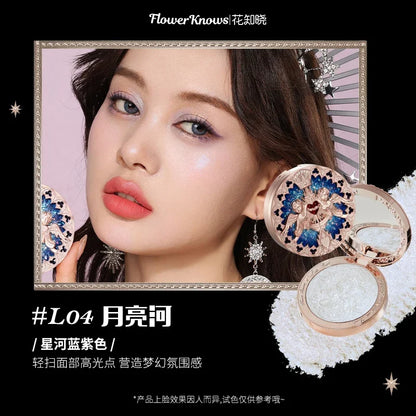 Blushimmer The Flower Knows Little Angel Collection face powder palette with highlighter, contour, and illuminator in a sleek compact.