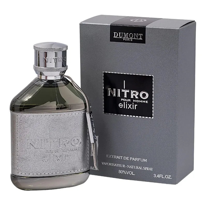 Blushimmer Dumont Nitro Elixir perfume bottle with black, white, blue, green, and red accents, showcasing a sleek long-lasting fragrance design.