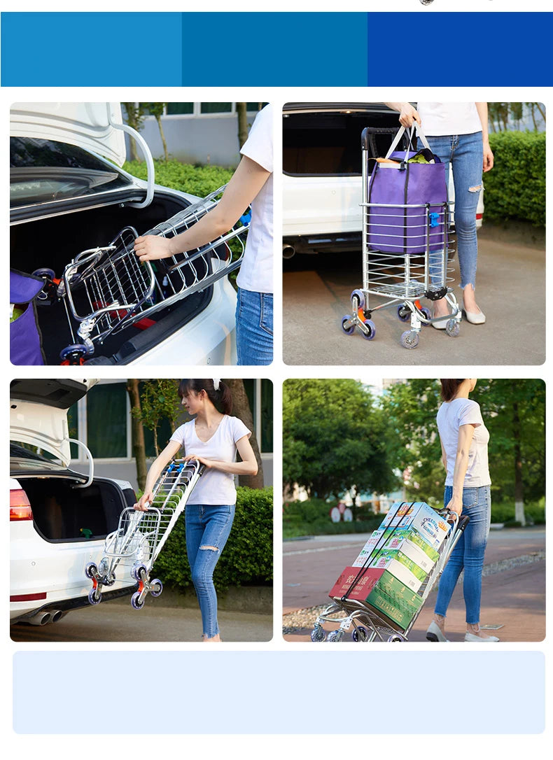 Grocery Cart Portable Aluminum Alloy Shopping Folding Trolley Big Capacity Lightweight Step Climbing Folded Trolley