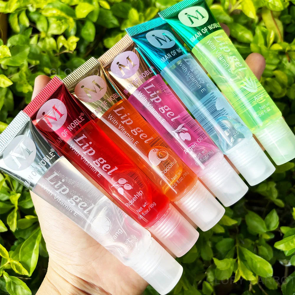 Set of 6 fruity flavor watery glossy lip glosses by Blushimmer, featuring clear, hydrating, and moisturizing lip gel for women.