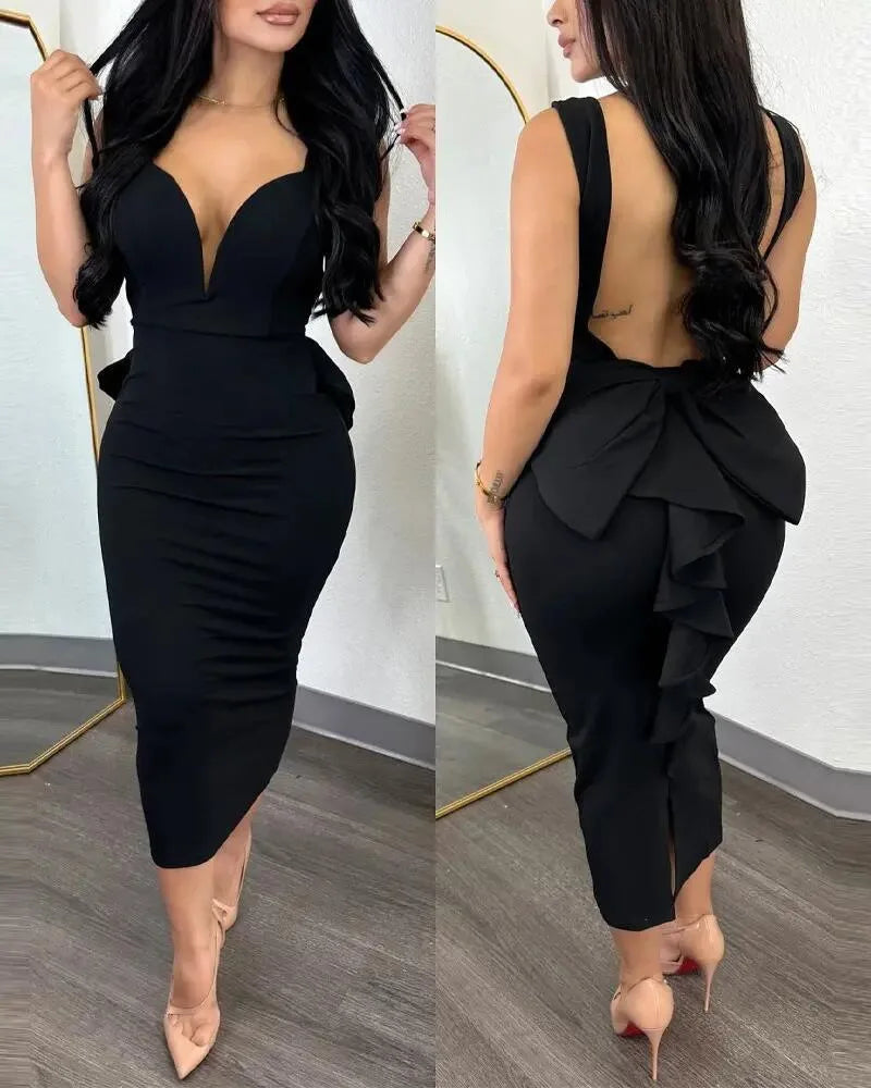 XTOCEAN Dress for Women Streetwear Elegant Solid Color Hip Wrap Open Back Deep V High Waist Split Bodycon Dresses