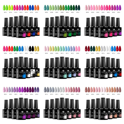 Blushimmer 7-piece nail gel polish set with colorful bottles for DIY nail art, long-lasting UV gel, and soak-off manicure.