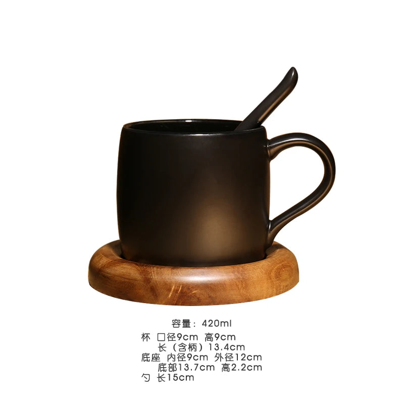 Nordic coffee shop frosted mug with spoon Tray Black coffee cup with wooden base Mark Drinkware mug Creative ceramic water cup