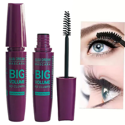 Black waterproof fiber mascara in a 5g full size tube from Juju Dream by Blushimmer, showing the sleek mascara wand and packaging.