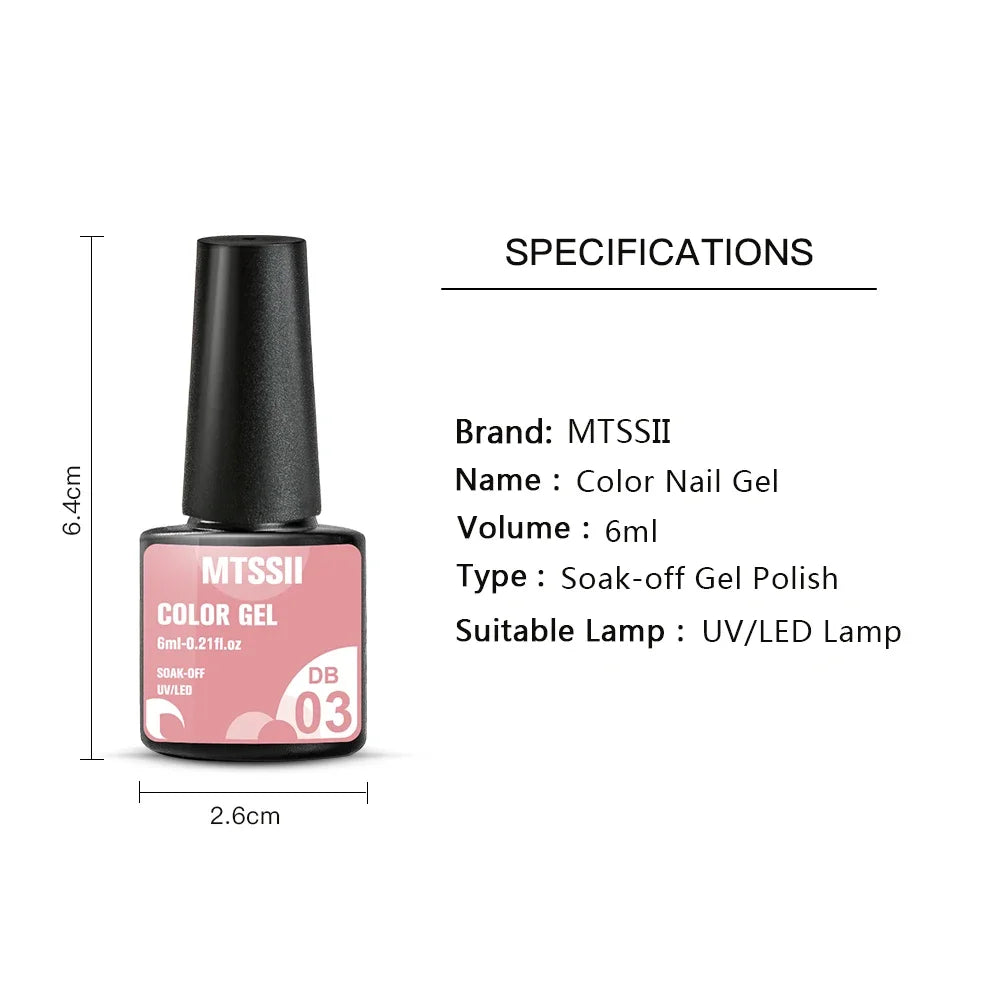 Blushimmer MTSSII 6-piece set of sparkly red gel nail polishes with shiny finish for LED UV manicures and nail art.