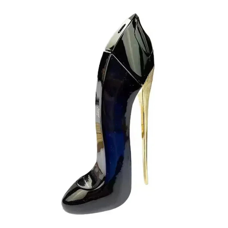 Elegant 80ml floral perfume bottle by Blushimmer with a high heel design, showcasing the luxurious fragrance spray and deodorant.