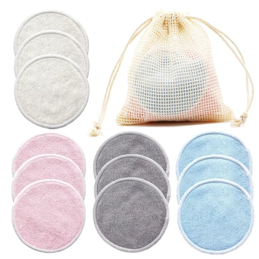 Set of 12 reusable cotton makeup remover pads by Silcy Skin, round bamboo cloth pads for skin cleansing and makeup removal.