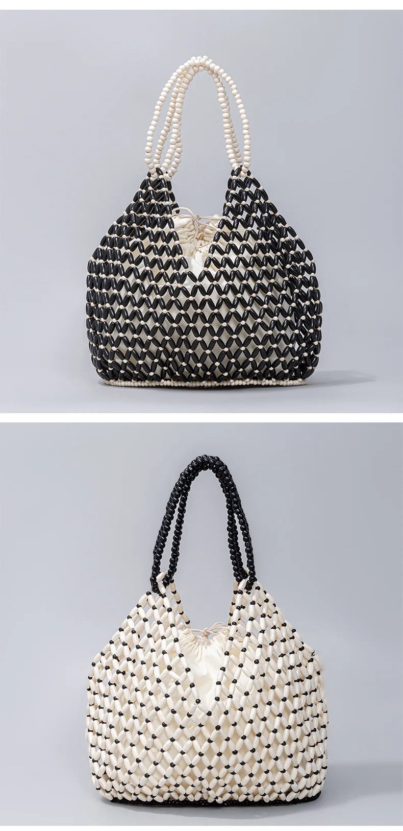 Simple Casual Handwoven Wooden Bead Handbag New Retro Versatile Summer Vacation Handheld Women's Shoulder Bags Water Bucket Bag