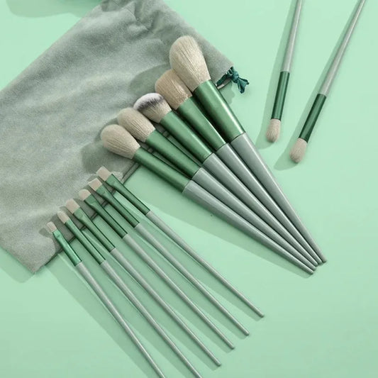 Set of 13 Blushimmer makeup brushes including eye shadow, foundation, and blush brushes with soft bristles and carrying bag.