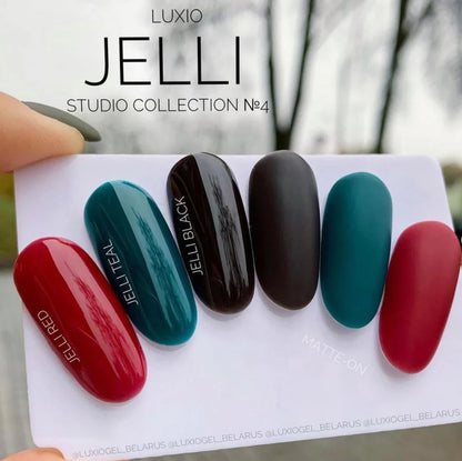Luxio Gel Polish Jelli Red 15ml bottle showing the vibrant red gel polish color and brand label.