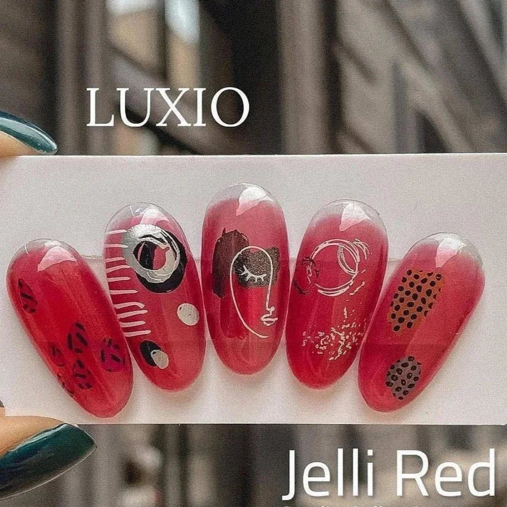 Luxio Gel Polish Jelli Red in 15ml bottle, vibrant red color, glossy finish, professional nail product for gel manicures