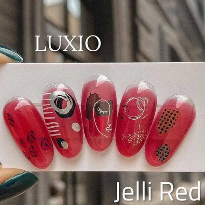 Luxio Gel Polish Jelli Red in 15ml bottle, vibrant red color, glossy finish, professional nail product for gel manicures