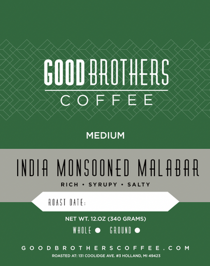 Roasted India Monsooned Malabar coffee beans for drip or espresso by Good Brothers Coffee LLC, showing the rich, golden-brown beans.