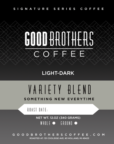 Roasted coffee beans from Good Brothers Coffee LLC's Variety Blend Roast, displayed in a close-up image.