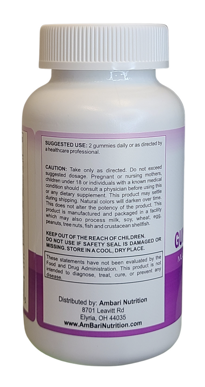 AmBari Nutrition Gummy Multivitamins supplement with colorful gummy vitamins in a clear container, showcasing a variety of fruit flavors.