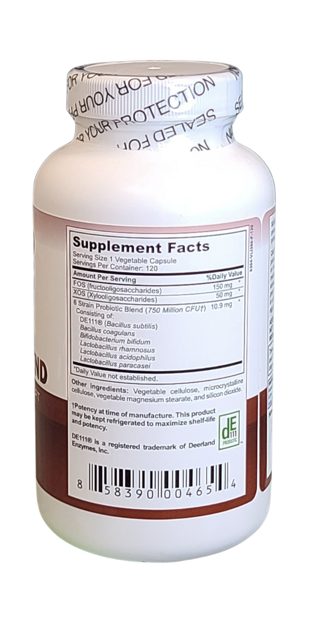 AmBari Nutrition probiotic blend supplement bottle with capsules, featuring label details and branding on a white background.