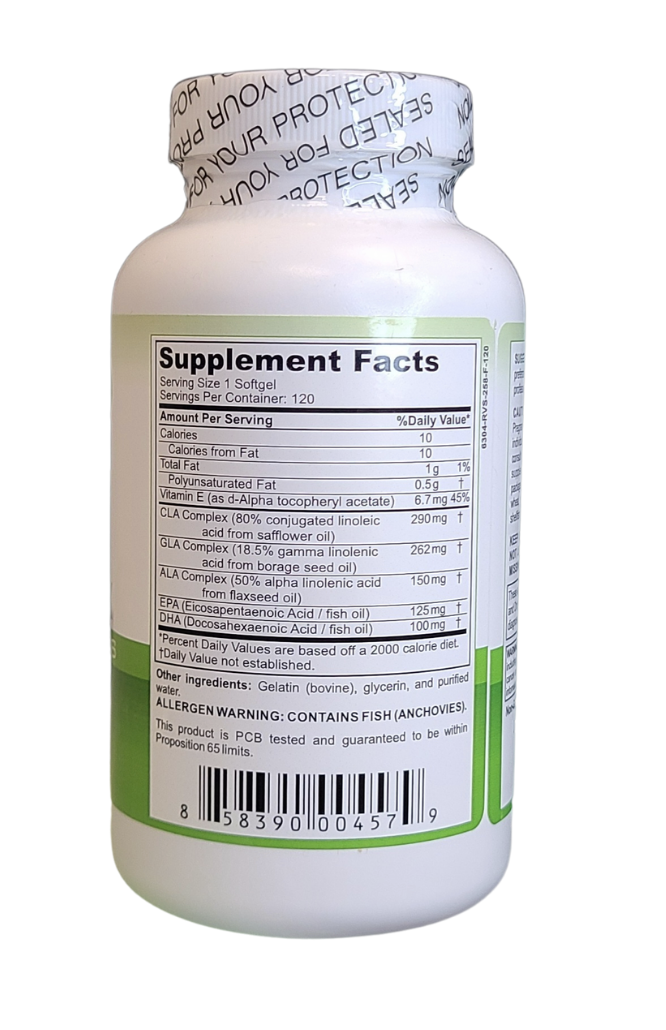 AmBari Nutrition Essential Fatty Acids supplement bottle with capsules, highlighting health benefits of omega-3 and omega-6 fats.