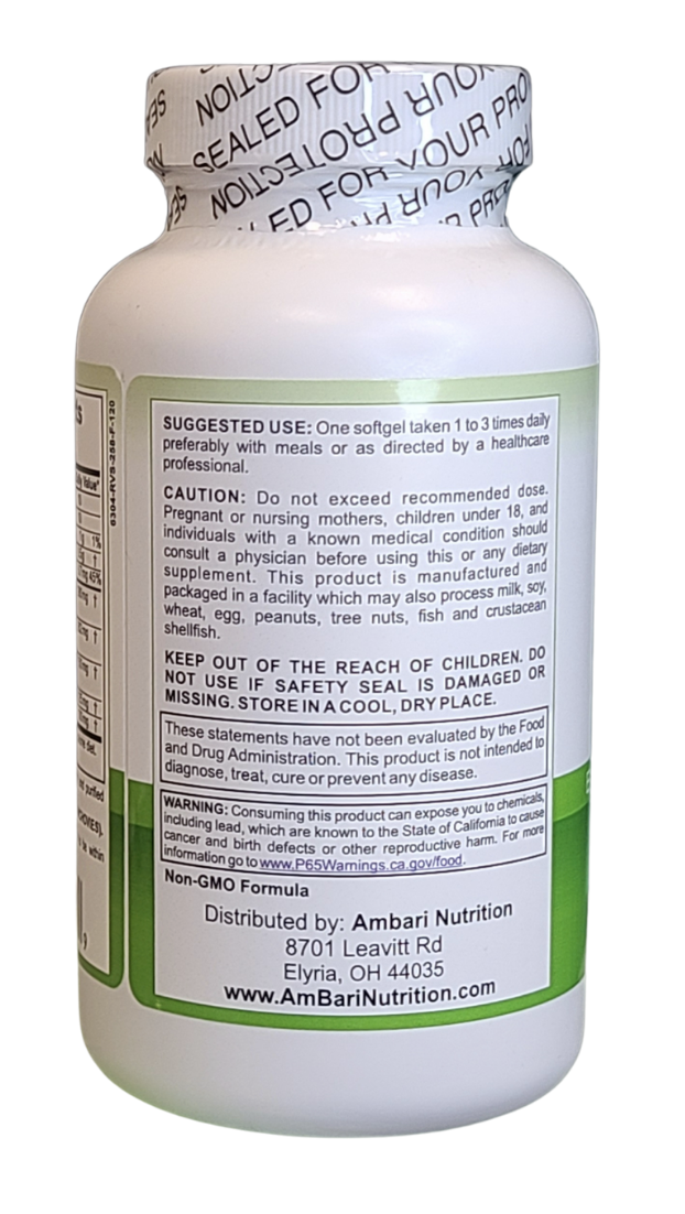 Bottle of AmBari Nutrition Essential Fatty Acids supplement capsules in clear container with label showing product name.